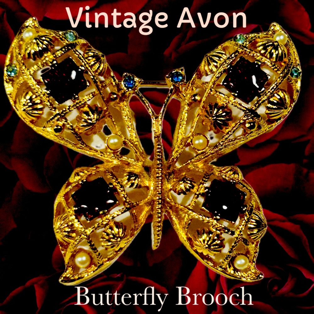 Vintage Bejeweled Goldtone Butterfly Brooch ~ AVON